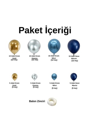 Zincir Balon Seti Krom Gold-Krom Gümüş-Krom Mavi-Gece Mavisi 4 Renk 60Adet +BalonŞeridi 