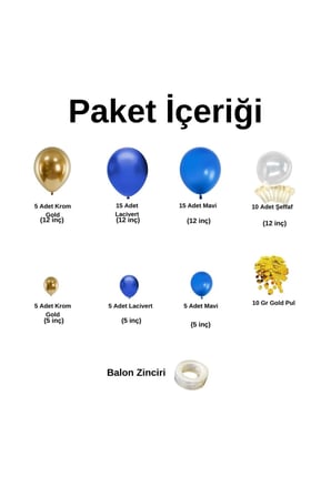 Zincir Balon Seti Krom Gold-Lacivert-Pastel Mavi-Şeffaf 60 Adet +BalonŞeridi + 10GrBalonPulu