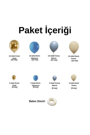 Zincir Balon Seti Krom Gold-Derin Okyanus-Fırtına Mavisi-Deniz Kumu Retro 60 Adet +BalonŞeridi 