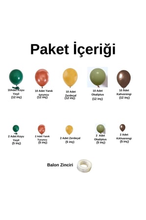 Zincir Balon Seti Koyu Yeşil-Yanık Turuncu-Zerdeçal-Okaliptus-Kahverengi 60Adet+BalonŞeridi 