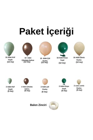 Zincir Balon Seti Küf Yeşili-Çikolata Kahve-Çöl Kumu-Koyu Yeşil-Deniz Kumu  60Adet+Balon Şeridi 
