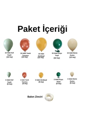 Zincir Balon Seti Küf Yeşili-Yanık Turuncu-Zerdeçal-Koyu Yeşil-Deniz Kumu 60Adet +BalonŞeridi