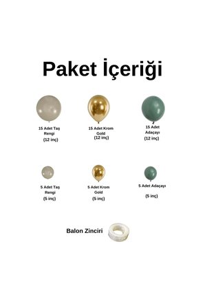 Zincir Balon Seti Krom Gold-Taş Rengi-Adaçayı 3 Renk 60 Adet +Balon Şeridi 
