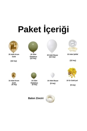 Zincir Balon Seti Krom Gold-Okaliptus-Beyaz-Şeffaf 100 Adet +Balon Şeridi + 10 Gr Gold Pul