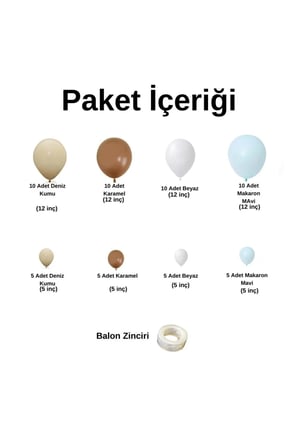 Zincir Balon Seti Deniz Kumu-Beyaz-Karamel-Makaron Mavi 4 Renk 60 Adet +Balon Şeridi 