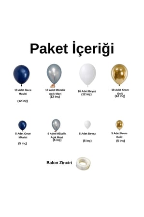 Zincir Balon Seti Gece Mavisi-Metalik Açık Mavi-Beyaz-Krom Gold 4 Renk 60 Adet +Balon Şeridi 