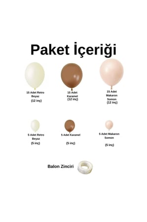 Zincir Balon Seti Karamel-Retro Beyaz-Makaron Somon 3 Renk 60 Adet +Balon Şeridi 