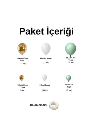 Zincir Balon Seti Kış Yeşili-Beyaz-Krom Gold 3 Renk 60 Adet +Balon Şeridi 