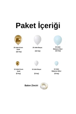 Zincir Balon Seti Makaron Mavi-Beyaz-Krom Gold 3 Renk 100 Adet +Balon Şeridi 