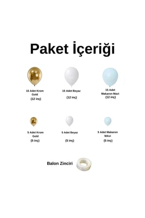 Zincir Balon Seti Makaron Mavi-Beyaz-Krom Gold 3 Renk 60 Adet +Balon Şeridi 