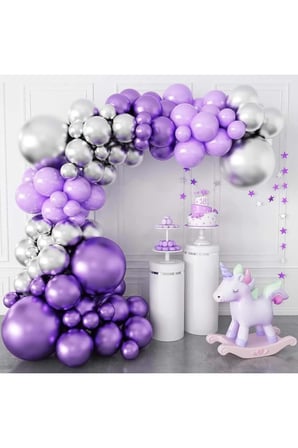 Zincir Balon Seti Krom Mor-Lila-Krom Gümüş 3 Renk 60 Adet +Balon Şeridi 