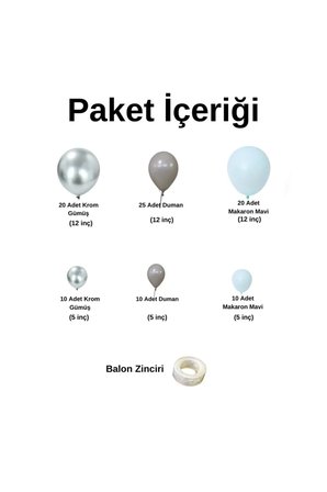 Zincir Balon Seti Krom Gümüş-Duman-Makaron Mavi 3 Renk 100 Adet +Balon Şeridi 