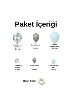 Zincir Balon Seti Krom Gümüş-Duman-Makaron Mavi 3 Renk 60 Adet +Balon Şeridi 