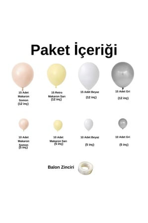 Zincir Balon Seti Makaron Somon-Makaron Sarı-Beyaz-Gri 4 Renk 100 Adet + Balon Şeridi 