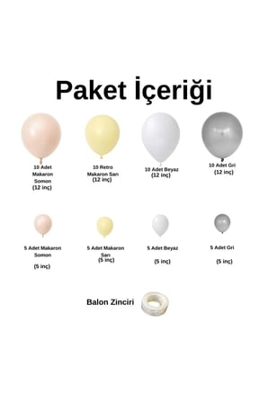 Zincir Balon Seti Makaron Somon-Makaron Sarı-Beyaz-Gri 4 Renk 60 Adet + Balon Şeridi 