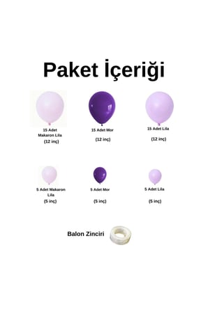 Zincir Balon Seti Makaron Lila-Mor-Lila 3 Renk 60 Adet + Balon Şeridi 
