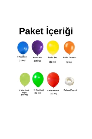 Zincir Balon Seti Mor-Mavi-Fıstık Yeşili-Yeşil-Turuncu-Kırmızı-Sarı 7 Renk 60 Adet + Balon Şeridi 