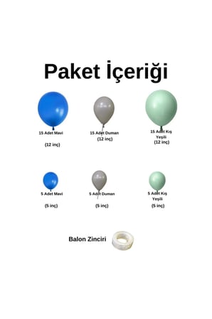 Zincir Balon Seti Mavi-Duman-Kış Yeşili 3 Renk 60 Adet + Balon Şeridi 