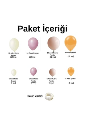 Zincir Balon Seti Retro Beyaz-Retro Pembe-Pudra Pembe-Şeftali 4 Renk 60 Adet + Balon Şeridi 