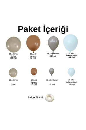Zincir Balon Seti Taş Rengi-Karamel-Duman-Makaron Mavi 4 Renk 100 Adet+Balon Şeridi 