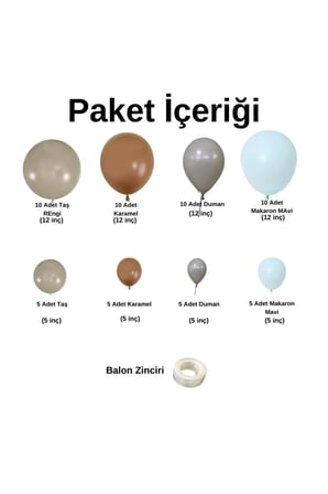 Zincir Balon Seti Taş Rengi-Karamel-Duman-Makaron Mavi 4 Renk 60 Adet+Balon Şeridi 