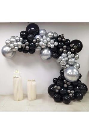 Zincir Balon Seti Siyah-Krom Gümüş-Krom Uzay Gri 3 Renk 60 Adet+Balon Şeridi 