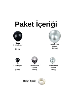 Zincir Balon Seti Siyah-Krom Gümüş-Krom Uzay Gri 3 Renk 60 Adet+Balon Şeridi 