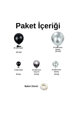 Zincir Balon Seti Siyah-Krom Gümüş-Krom Uzay Gri 3 Renk 100 Adet+Balon Şeridi 