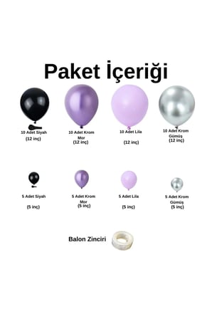 Zincir Balon Seti Siyah-Krom Mor-Lila-Krom Gümüş 4 Renk 60 Adet+Balon Şeridi 