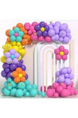 Zincir Balon Seti Turkuaz-Mor-Sarı-Turuncu-Fuşya-Lila 6 Renk 100 Adet+Balon Şeridi 