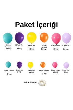 Zincir Balon Seti Turkuaz-Mor-Sarı-Turuncu-Fuşya-Lila 6 Renk 100 Adet+Balon Şeridi 
