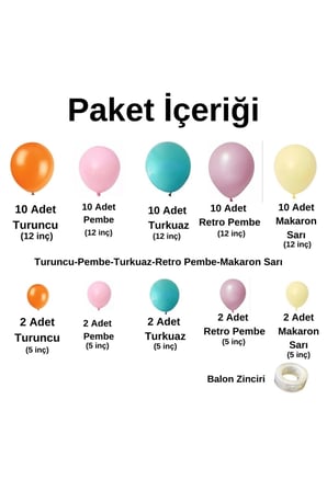 Zincir Balon Seti Turuncu-Pembe-Turkuaz-Retro Pembe-Makaron Sarı 5 Renk 60 Adet+Balon Şeridi 