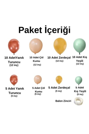 Zincir Balon Seti Yanık Turuncu-Çöl Kumu-Zerdeçal-Kış Yeşili 4 Renk 60 Adet+Balon Şeridi 