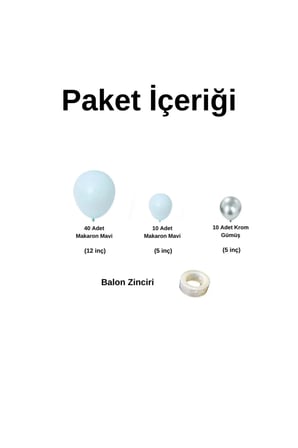 Zincir Balon Seti Makaron Mavi - Krom Gümüş 60 Adet +Balon Şeridi 