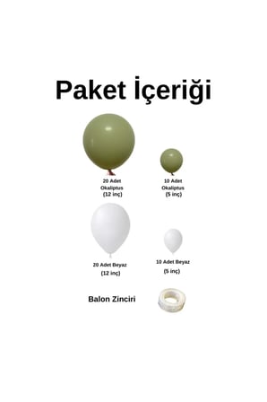 Zincir Balon Seti Retro Okaliptus-Pastel Beyaz 2 Renk 60 Adet +1 Adet Balon Şeridi 