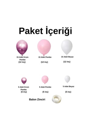 Zincir Balon Seti Krom Pembe-Pembe-Beyaz 3 Renk 60 Adet +Balon Şeridi 