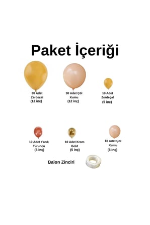 Zincir Balon Seti Krom Gold-Yanık Turuncu-Zerdeçal-Çöl Kumu 100 Ad+Balon Şeridi 