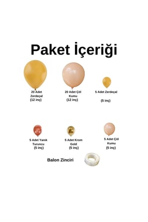 Zincir Balon Seti Krom Gold-Yanık Turuncu- Zerdeçal - Çöl Kumu 60 Adet +BalonŞeridi 