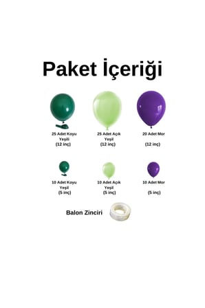 Zincir Balon Seti Koyu Yeşil-Açık Yeşil-Mor 3 Renk 100 Adet +1 Adet Balon Şeridi 