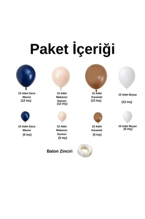 Zincir Balon Seti Gece Mavisi-Beyaz-Karamel-Makaron-Somon 4 Renk 100 Adet+Balon Şeridi 