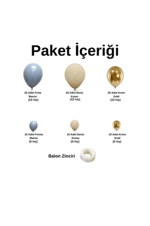 Zincir Balon Seti Fırtına Mavisi-Deniz Kumu-Krom Gold 3 Renk 100 Adet +Balon Şeridi 