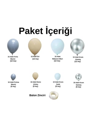 Zincir Balon Seti Fırtına Mavi-Pastel Gri-Makaron Mavi-Krom Gümüş 4 Renk 100 Adet +Balon Şeridi 