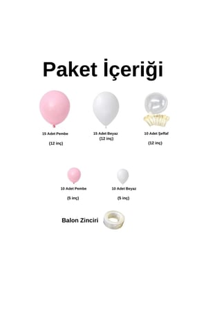 Zincir Balon Seti Beyaz-Pembe-Şeffaf 3 Renk 60 Adet +Balon Şeridi 