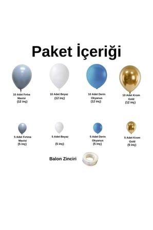 Zincir Balon Seti Beyaz-Fırtına Mavi-Krom Gold-Derin Okyanus 4 Renk 60 Adet +Balon Şeridi 