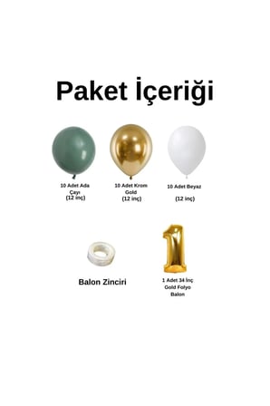 Mini Zincir Balon Seti Ada Çayı-Beyaz-Krom Gold+1 34inç Gold Folyo 30 Adet +Balon Şeridi 