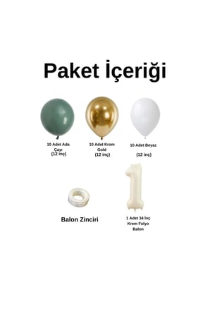 Mini Zincir Balon Seti Ada Çayı-Beyaz-Krom Gold+1 34inç Krem Folyo 30 Adet +Balon Şeridi 