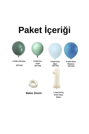 MiniZincirBalonSeti AdaÇayı-KışYeşili-A.Mavi-DerinOkyanus+1 34inçKremFolyoBalon 30Adet+BalonŞeridi