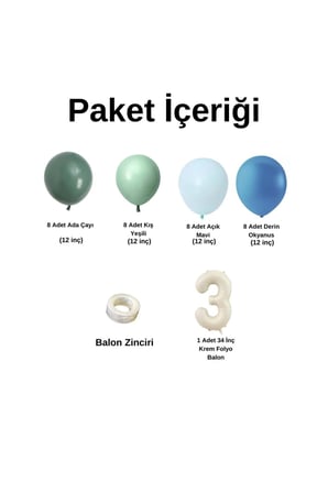 MiniZincirBalonSeti AdaÇayı-KışYeşili-A.Mavi-DerinOkyanus+3 34inçKremFolyoBalon 30Adet+BalonŞeridi