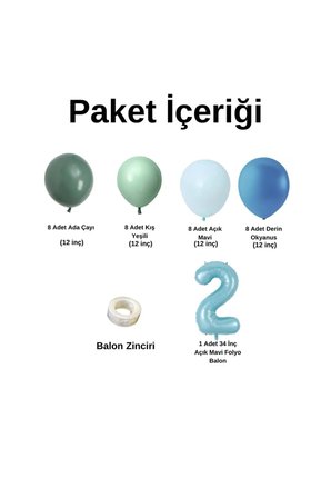 MiniZincirBalonSeti AdaÇayı-KışYeşil-A.Mavi-DerinOkyanus+2 34inçA.MaviFolyoBalon 30Adet+BalonŞeridi