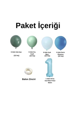 MiniZincirBalonSeti AdaÇayı-KışYeşil-A.Mavi-DerinOkyanus+1 34inçA.MaviFolyoBalon 30Adet+BalonŞeridi